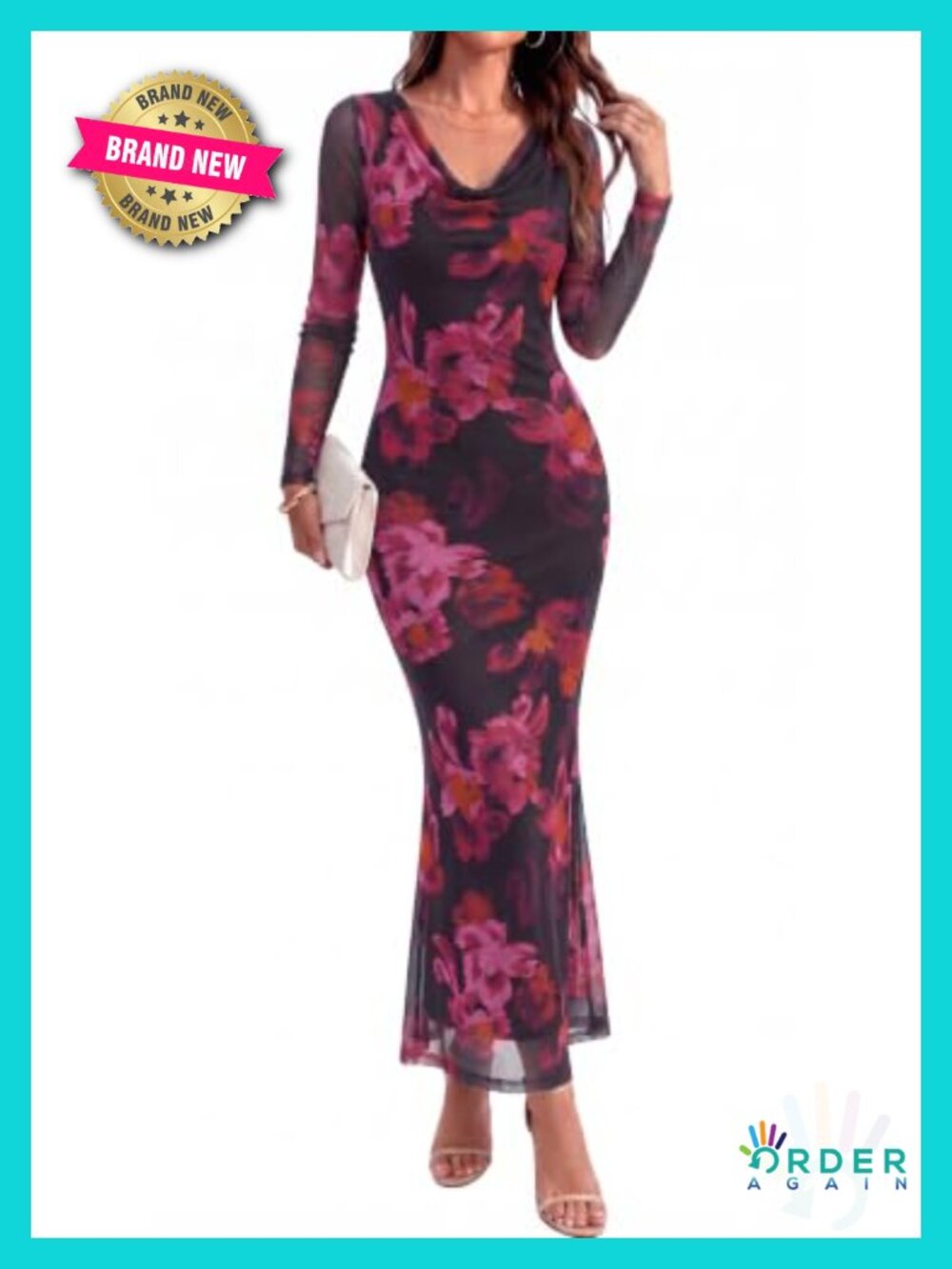 Long Sleeve Floral Mesh Maxi Dress Wedding Guest Cowl Neck Mermaid